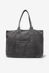 Bolso tipo tote bag Ecoalf modelo Palms Medium, color gris oscuro, confeccionado en 100% algodón reciclado con acabado garment dyed. Cuenta con asas dobles de hombro, bolsillo frontal externo y detalle del logo bordado.