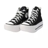 Championes Converse Chuck Taylor All Star Lift de caña alta, color negro con detalles en blanco, plataforma con doble suela y cordones blancos.
