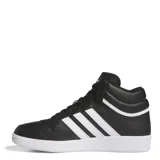 Championes de corte medio Adidas Hoops 4.0 Mid, color negro con las icónicas tres tiras laterales en blanco y suela de goma blanca. Confeccionados en cuero sintético con detalles de gamuza en la puntera.