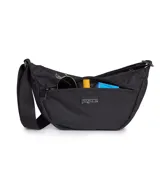 Bolso tipo bandolera Jansport, diseño curvo en color bordó, con correa ajustable y bolsillo frontal con cierre.