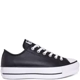 Championes Converse Chuck Taylor All Star Lift OX de cuero negro con plataforma blanca y cordones blancos.