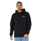 Canguro negro con capucha y cordones ajustables, bolsillo frontal tipo canguro y logo de la marca Rip Curl estampado en el pecho en tonos naranja y amarillo.