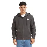 Campera con capucha y cierre frontal de Quiksilver, modelo Surf Garage, color gris plomo. Cuenta con bolsillos tipo canguro, cordones ajustables en la capucha y un parche con el logo de la marca en el pecho.