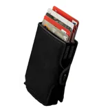 Billetera tarjetero de cuero negro con capacidad para múltiples tarjetas y compartimento para billetes. Cuenta con sistema de bloqueo RFID.