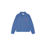 Camisa de manga larga de Eme Studios en color azul con diseño a cuadros. Presenta cierre frontal con botones y detalles de estampado en color rojo en el pecho y el bajo.