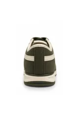 Zapatilla de inspiración retro color beige, con detalles en celeste, cordones claros y suela baja dentada.