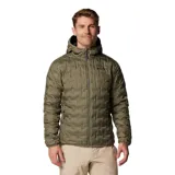 Campera técnica con capucha, color verde oliva, confeccionada con tecnología HeatSeal™ sin costuras y aislamiento de plumón. Cuenta con forro termorreflectante Omni-Heat™, cierre frontal completo, bolsillos laterales con cremallera y acabado resistente al agua Omni-Shield™.