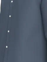 Camisa Tommy Hilfiger azul de popelina de algodón con Flex Technology, cuello abotonado, corte regular, mangas largas y logo bordado en el pecho.