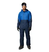 Campera técnica de esquí Columbia con tecnología Omni-Tech impermeable y forro térmico Omni-Heat. Presenta un diseño bicolor en tonos azul, con capucha ajustable, cierre frontal con solapa, bolsillos con cremallera y puños ajustables.