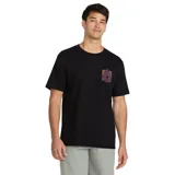 Remera negra de manga corta con cuello redondo y estampado pequeño en el pecho con el logo de Volcom en color naranja y violeta.