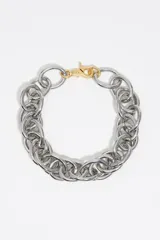 Collar maxi de cadena con eslabones circulares entrelazados de acabado plateado mate y cierre de mosquetón dorado.