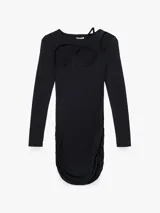 Vestido mini negro de manga larga con diseño ceñido, detalles cut-out en el pecho y los hombros, y lazos ajustables.