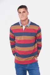 Remera polo tipo rugby rayada en tela de jersey con cuello en denim lavado y puños en rib. Frente con botones personalizados y bordado en el pecho.