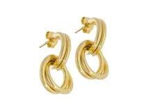 Par de aros colgantes de acero dorado, con cierre de tuerca y diseño de eslabones dobles entrelazados.