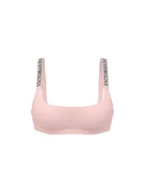 Bralette inalámbrico sin forro color rosado claro, con escote cuadrado y tirantes brillantes ajustables con monograma de pedrería.