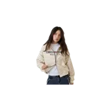 Campera con capucha y cierre frontal completo Eme Studios modelo Capri Off Sand, con diseño a rayas horizontales en tonos beige y blanco, bolsillos tipo canguro y estampado gráfico en el frente con el texto 'EMESTUDIOS Madrid, 5135'.
