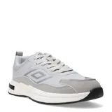 Championes Umbro modelo Refine para hombre, de color gris con detalles en blanco y negro, suela chunky y cordones claros.