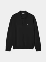 Sweater tejido de manga larga Carhartt WIP, modelo L/S Madison Polo, de color negro con cuello polo, cierre frontal de dos botones y el logo bordado en blanco en el pecho.