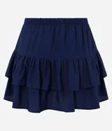 Short pollera de viscosa color azul marino, con cintura elástica y lazo ajustable, con diseño de volados superpuestos.
