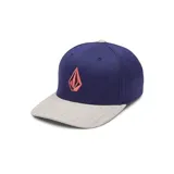 Gorro tipo gorra Volcom con visera plana, de color azul con visera gris melange y logo bordado en el frente.