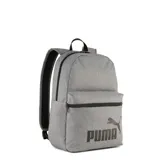 Mochila Puma de diseño clásico en color gris melange, con compartimento principal y bolsillo frontal con cierre. Presenta el logo de la marca estampado en el frente y correas ajustables acolchadas.