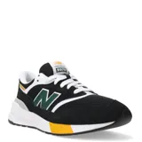 Championes urbanos New Balance modelo 997, color negro con detalles en blanco, verde y amarillo, confeccionados en gamuza y malla, con logo "N" característico en los laterales y entresuela ENCAP.