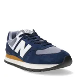 Championes urbanos New Balance modelo 574, color azul marino con detalles en gris y blanco, confeccionados en gamuza y malla, con logo "N" característico en los laterales y entresuela ENCAP.