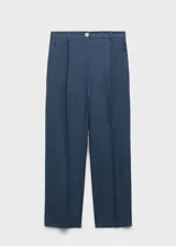 Pantalón de lino azul, de tiro alto y diseño recto con bajo cropped y pinzas en la cintura.