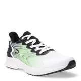 Championes deportivos con diseño aerodinámico, combinando paneles en color blanco, negro y un degradado en verde claro. Presentan cierre con cordones blancos, suela blanca con amortiguación y refuerzos en la puntera y el talón.