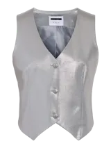 Chaleco sastrero plateado de poliéster con botones y forro interior.