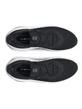 Championes de running Under Armour modelo Phantom 4, color negro con suela blanca. Presentan un diseño de tejido técnico con cuello tipo calcetín, contrafuerte de TPU en el talón y tecnología de amortiguación UA HOVR+ para mayor retorno de energía.