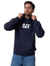 Buzo con capucha de color azul marino, con bolsillo tipo canguro frontal y logo de la marca estampado en blanco en el pecho. Presenta puños y bajo de punto acanalado.