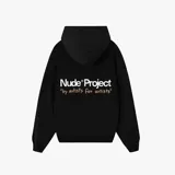Hoodie Nude Project de color negro, con capucha y calce oversize. Presenta un estampado en la espalda con la inscripción "Nude Project" en blanco y el lema "by artists for artists" en tonos marrones.