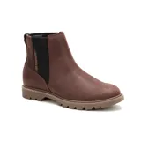 Bota tipo Chelsea de cuero nobuk marrón, con paneles elásticos laterales negros y suela de goma dentada con tracción.