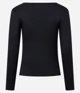 Blusa de pijama manga larga color negro, confeccionada en tejido acanalado de poliéster y elastano, con cuello redondo y cierre parcial de tres botones en el centro.