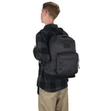 Mochila Jansport Right Pack negra con estampado de calaveras, murciélagos y estrellas en azul.