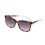 Lentes de sol con armazón de acetato en estampado carey con tonos rosados y amarillos. Presentan cristales degradados en tono rosado y patillas metálicas finas en color dorado.