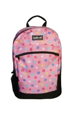 Mochila rosa con lunares de colores, con bolsillo frontal con cierre y bolsillos laterales de red negros.