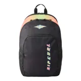Mochila Rip Curl modelo Ozone 30L School, color negro con detalles degradados en tonos rosados y verdosos, de poliéster reciclado. Cuenta con compartimento principal amplio, bolsillo frontal con cierre, bolsillos laterales porta botellas y el logo de la marca estampado en el frente.