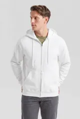 Campera deportiva con capucha y cierre frontal completo, confeccionada en tejido de algodón y poliéster. Presenta bolsillos tipo canguro, puños y ruedo acanalados, y cordones ajustables en la capucha.