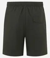 Bermuda de tejido plano texturizado color marrón, con bolsillos laterales, cintura elástica y cordón de ajuste.