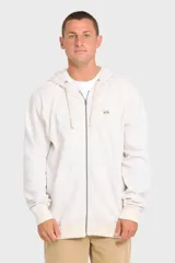 Canguro Billabong All Day Zip de color beige melange, confeccionado en mezcla de algodón y poliéster reciclado. Cuenta con cierre frontal completo, capucha ajustable con cordones, bolsillos tipo canguro, puños y dobladillo acanalados, y parche con el logo de la marca en el pecho.