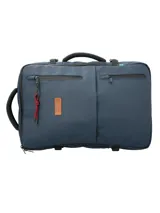 Mochila RKF azul marino de poliéster reciclado repelente al agua, con tres compartimentos independientes con cierre cremallera, compartimento para laptop de 15 pulgadas, triple bolsillo frontal con cierre cremallera, mango lateral para usar como maletín, correas ajustables, almohadillas en la espalda, pasador para maleta y broches laterales.