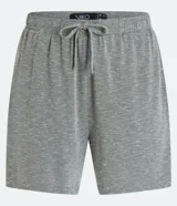 Pijama corto de hombre confeccionado en malla flameada de color gris con efecto mezcla, compuesto por una remera de manga corta con cuello redondo y un short con cintura elástica.