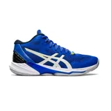 Championes de vóley Asics modelo Sky Elite FF MT 2, color azul con detalles en blanco y amarillo. Presentan un diseño de corte medio con tecnología FlyteFoam en la entresuela para mayor amortiguación y soporte.