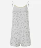 Conjunto de pijama tipo short doll compuesto por una musculosa de breteles finos regulables con botones en el escote y un short con cintura elástica. Ambas prendas presentan un estampado de conejitos sobre fondo blanco.