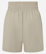 Short runner marrón de sarga con cintura mediana elástica, lazo de ajuste y bolsillos laterales.