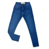 Pantalón de jean azul marino, corte chupín, con cinco bolsillos y talle 30.