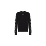 Sweater Off-White de tejido de punto en color negro, con cuello redondo, logo impreso en el pecho y el característico diseño de flechas a lo largo de ambas mangas en tono verde mint y blanco.