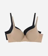 Kit de dos sujetadores básicos de microfibra, con copa y aro, tirantes finos ajustables y sin estampado. Uno de color negro y otro color piel.